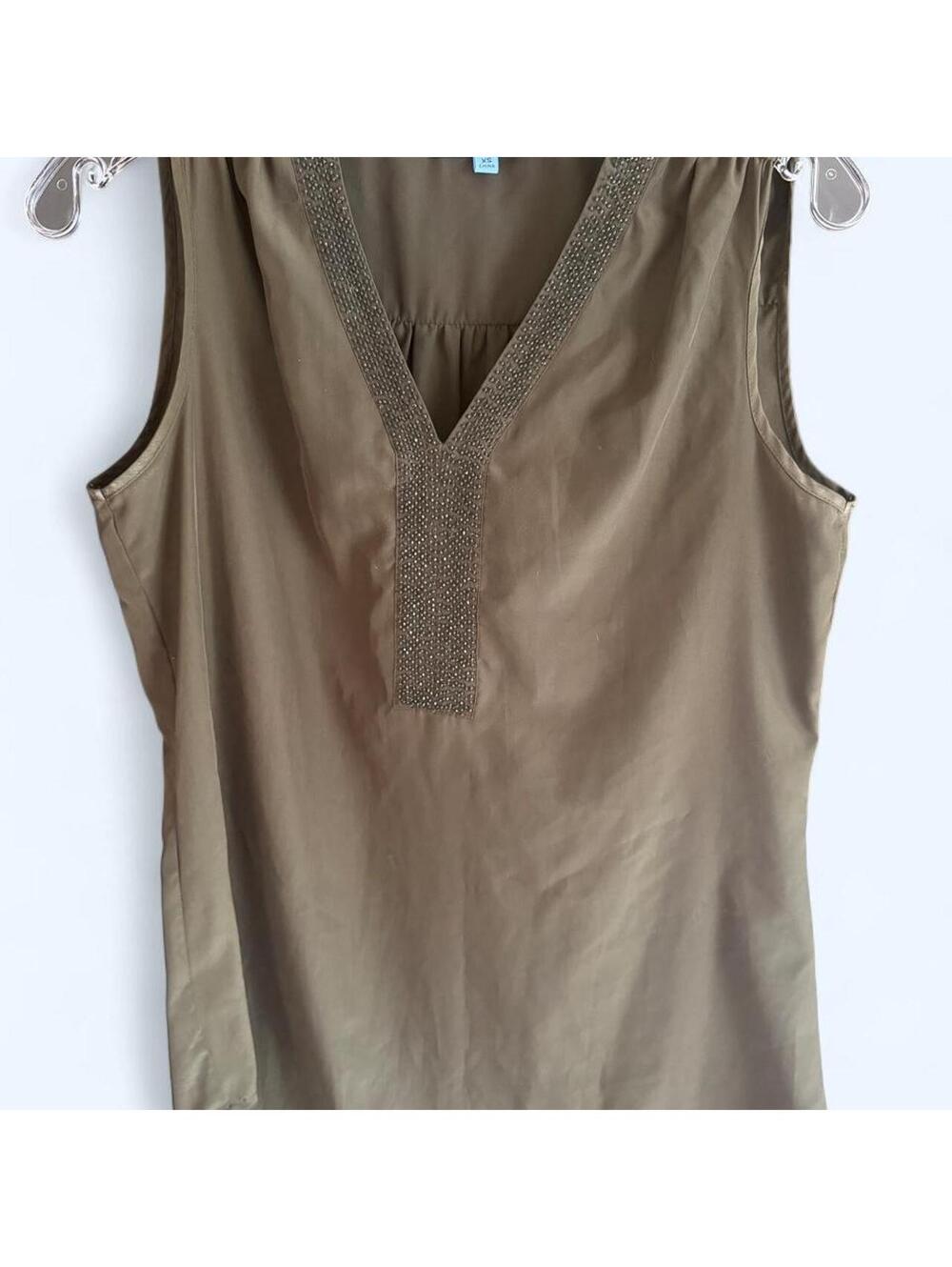 Antonio Melani olive green sleeveless blouse with beaded trim, size XS